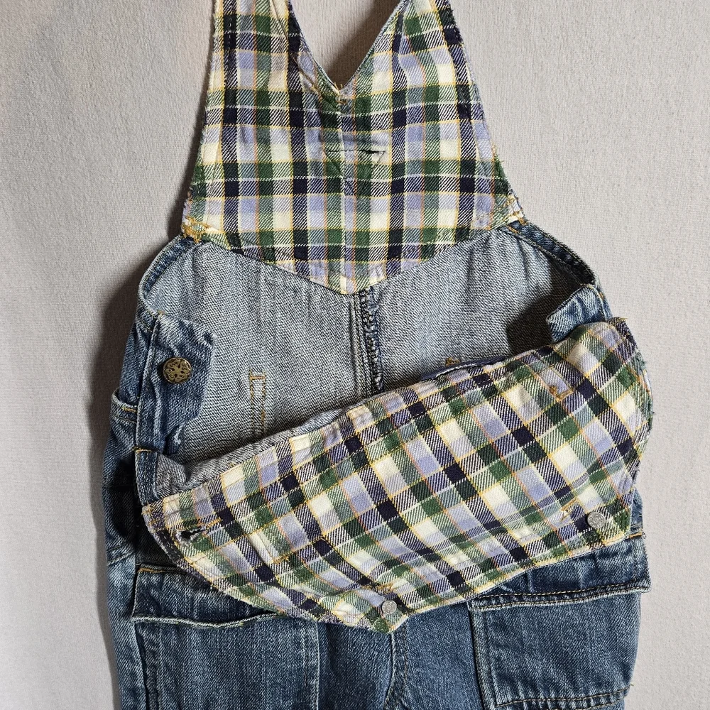 Vintage Oshkosh Denim Overalls Size 24 Months Jeans Cargo Pockets Plaid